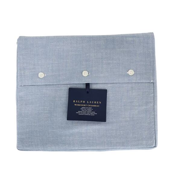 Ralph Lauren Bedding Workshirt Chambray Blue Flat Cotton Queen Sheet NWT - Picture 1 of 5